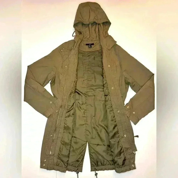 H&M Womens  Jacket Hooded Full Zip Tie Waist Adjustable Army Green Size- Medium - Picture 9 of 12